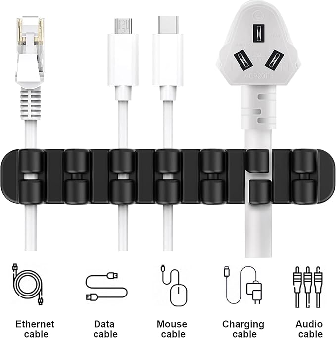 SOULWIT Upgraded Cable Holder, Cable Management Cord Organizer Clips Silicone Self Adhesive for Desktop USB Charging Cable Power Cord Bedside Wire PC Office Home (3/5/7 slot,Black)