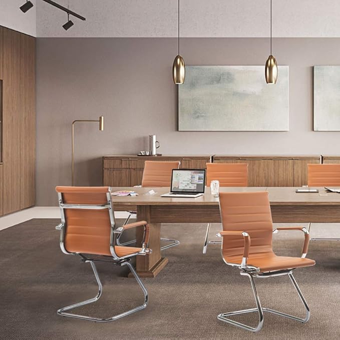 Wahson Office Guest Chairs Set of 8, Leather Reception Chairs, Mid Back Waiting Room Chair, Conference Chairs with Sled Base, Desk Chair No Wheels for Meeting/Lobby/Restroom, Terracotta
