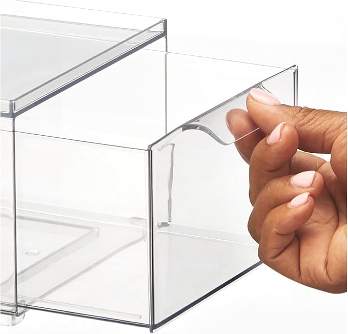 mDesign Plastic Bathroom Organizer Bin w/Pull Out Drawer - Slim Stackable Storage Container for Bathroom Accessories - Perfect for Organizing Bathroom Cabinet - Lumiere Collection - 4 Pack - Clear