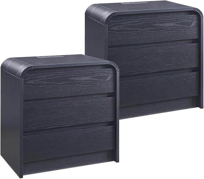 25" Tall Modern Nightstand Set of 2, 23.6" Wide Wood Bedside Table with Charging Station, 3 Storage Drawers Side Table w/Curved Profile Design, End Table for Bedroom, Black