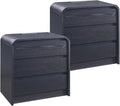 25" Tall Modern Nightstand Set of 2, 23.6" Wide Wood Bedside Table with Charging Station, 3 Storage Drawers Side Table w/Curved Profile Design, End Table for Bedroom, Black