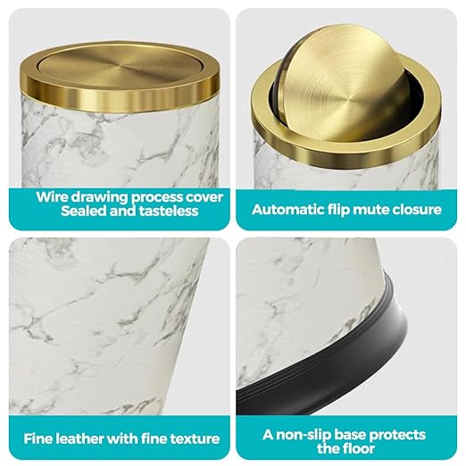 4 Gallon Bathroom Trash Can with Swing Lid, White Gold Garbage Can, White Marble Leather Waste Basket, for Bedroom Kitchen Powder Room (Marble)