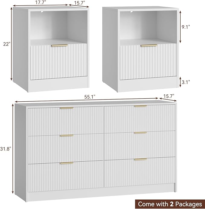 6 Drawer Dresser & Nightstand Set 3-Piece, 55” Wide Bedroom Set Night Stand Set of 2 with Metal Handle, Fluted Modern Wood Chest of Drawers Storage Dressers Set for Bedroom, White