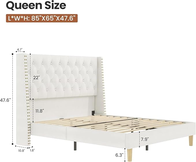 Queen Bed Frame White Velvet, 47.2" Tall Wingback Headboard with Gold Nailhead Trim, Upholstered Platform Bed with Diamond Tufting, 1000lbs Heavy Duty Support, No Box Spring Needed