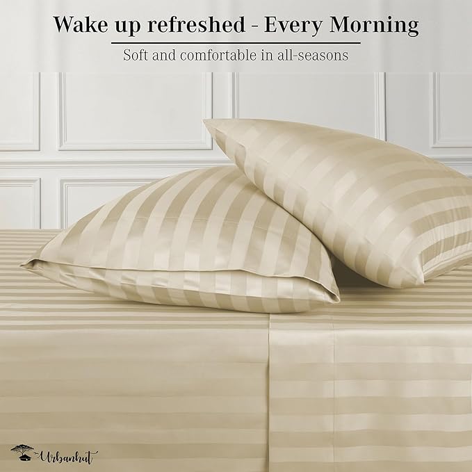 URBANHUT 800 Thread Count 100% Cotton Damask Twin Size Sheets, 4 Piece Striped Twin Size Bedsheets, Luxury Hotel Sheets Sateen Weave - Better Than Egyptian, 14" Elasticized Deep Pocket- Sand