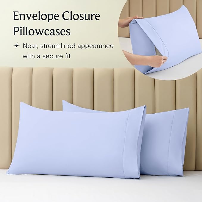 LuxClub 5 PC Sheet Set Bed Sheets Deep Pockets 16" Eco Friendly Wrinkle Free Cooling Machine Washable Hotel Bedding Silky Soft - Sky Blue Split King