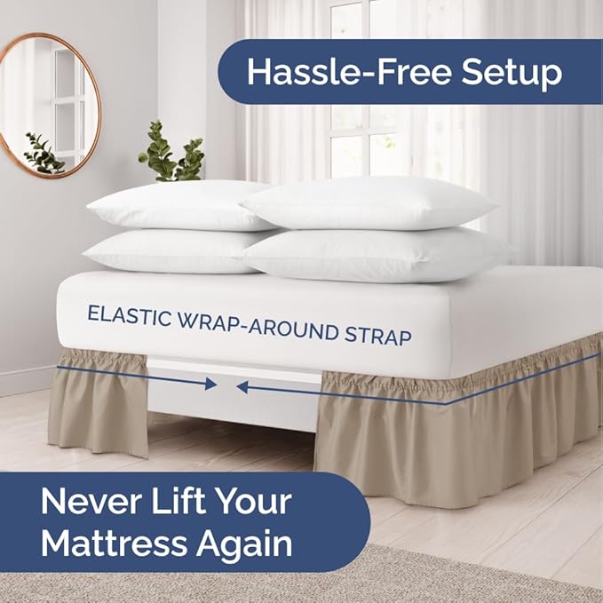 Wrap Around Dust Ruffle Bed Skirt - Cream - for Queen Size Beds w/ 14 Inch Drop - Easy Fit Elastic Strap - Adjustable Pleated Bedskirt w/Brushed Fabric, Wrinkle & Fade Free Women, Men, Kids & Teens