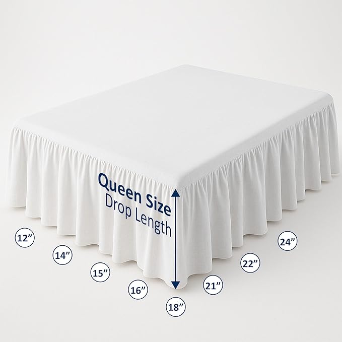Ruffled Bed Skirt with Split Corners-Dust Ruffle - 12" Drop 100% Microfiber Soft,Sheen & Luxurious Look - Bed Skirts (White -Queen)