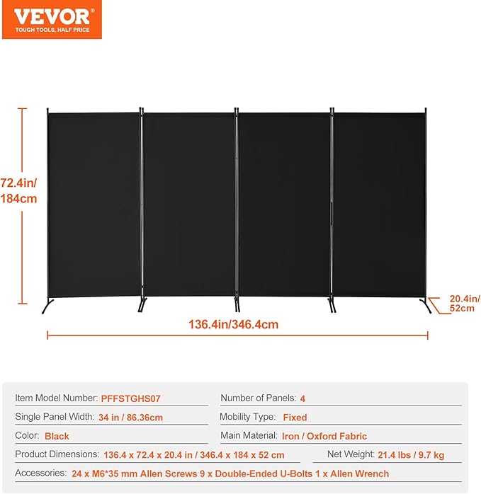 VEVOR Room Divider, 4 Panel Room Divider, Folding Privacy Screen and Portable Partition Divider for Room Separation, Freestanding Room Partitions for Office, Bedroom, Study, Black