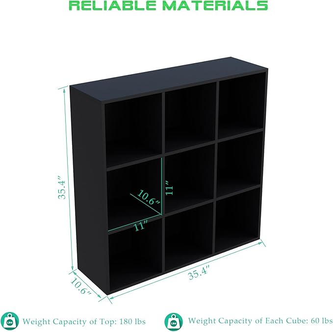 OSCHF 9-Cube Storage Shelf Bookcase - Wooden 3-Tier Free Standing Open Bookshelf for Home and Office, Organizer Cabinet in Black