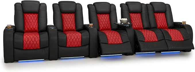Seatcraft Diamante Zero-Gravity CoolZero Italian Leather Home Theater Seating, Power Headrest, Power Recline, Row of 5 Right Loveseat, Black/Red