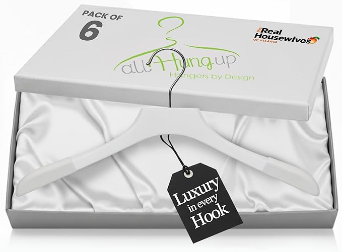 Premium Luxe Wooden Hangers for Women, Wide Shoulder Design for Dresses, Skirts, Sweaters & Blouses, Heavy Duty with Velvet Grip, White with White Velvet, 6 pcs