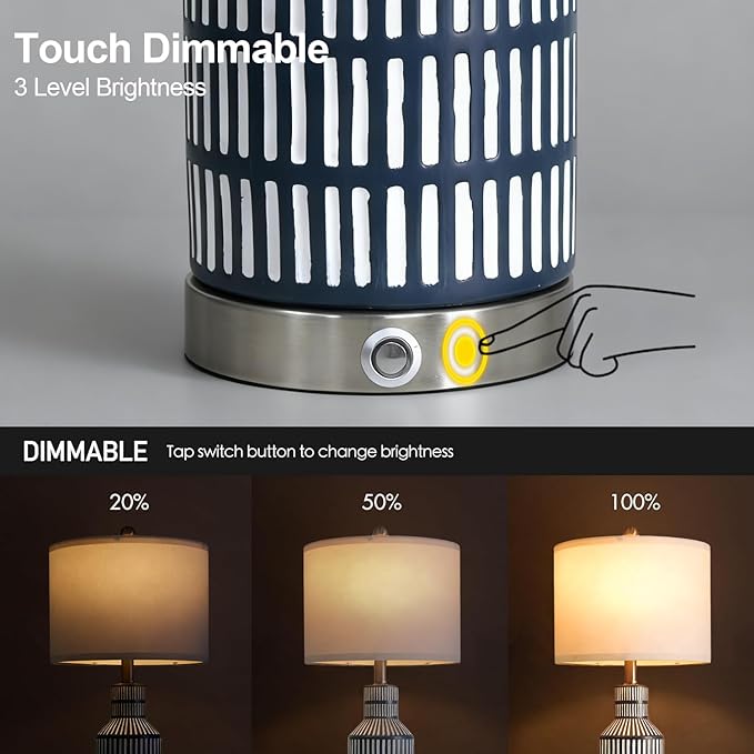25" Modern 3-Way Dimmable Touch Control with USB A+C Ceramic Lamps Set of 2 Table Lamp for Living Room Bedroom Farmhouse Nightstand Bedside Blue