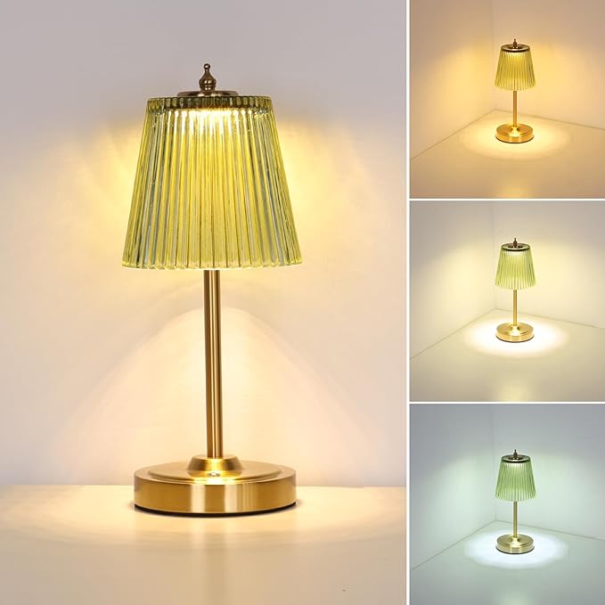 Small Table Lamp with 5200mAh Battery & Touch Control - 3 Adjustable Color Temperatures, Dimmable Rechargeable Table Lamps for Living Room, Bedroom, Bedside (Green Stripe)