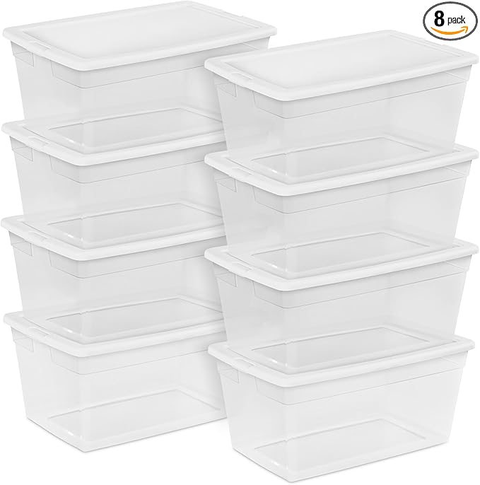 Sterilite 8-Pack Stackable Storage Bin with Lid, Clear Plastic Design, 90 Quart
