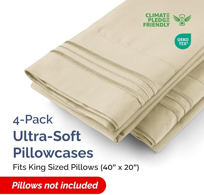 Queen Pillow Cases Set of 4 - Ultra Soft Hotel Quality Pillowcase Covers - Comfy, Cozy & Wrinkle Free - Shrinkage, Stain and Fade Resistant - Machine Washable Pillow Protectors - 4 Piece Set - Cream