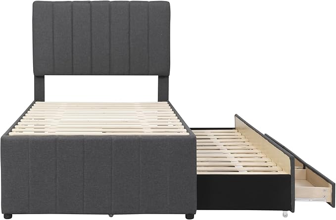Twin Size Bed Frame with Trundle Bed and Storage Drawers,Linen Upholstered Bed Frame,Twin Size Trundle Bed with Adjustable Headboard,Upholstered Platform Bed Twin for Kids Teens Adults,Gray