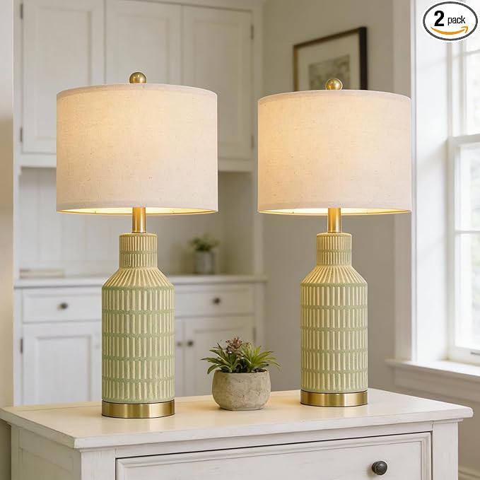 25" Green Ceramic Table Lamp - Modern Bedside Nightstand Lamp, Easy Assembly Twist Knob Switch for Bedroom Living Room Home Office Decor (Bulb Not Included)