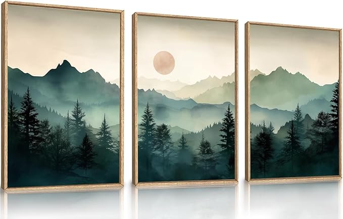 LHIUEM Large Boho Mountain Framed Wall Art Set,Green Foggy Forest Wall Painting,Abstract Nature Sunrise Artwork,Watercolor Pine Tree Wall Decor for Living Room,Bedroom,Office-24''x36''x3