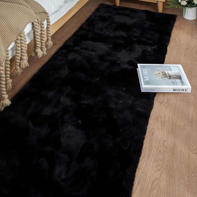 Black Shag Faux Rabbit Fluffy Fur Rugs for Bedroom Machine Washable Runner Rugs for Living Room 2x8 Runner Rug Nursery Rug