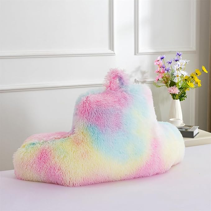 Holawakaka Shaggy Reading Pillow for Bed and Sofa Couch Sitting Up, Tie Dye Backrest Pillows with Arms for Kids Teens Adults, Back Support Cushion for Lounging, Watching TV, Working on Laptop