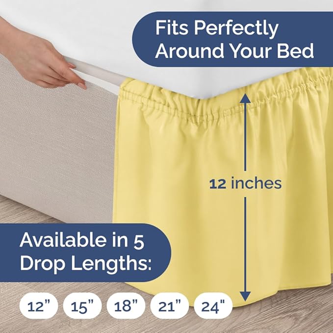 Wrap Around Dust Ruffle Bed Skirt - Yellow - Twin/Twin XL Size Beds with 12 Inch Drop - Easy Fit Elastic Strap - Adjustable Pleated Bedskirt w/Brushed Fabric - Wrinkle Free - Women, Men, Kids & Teens