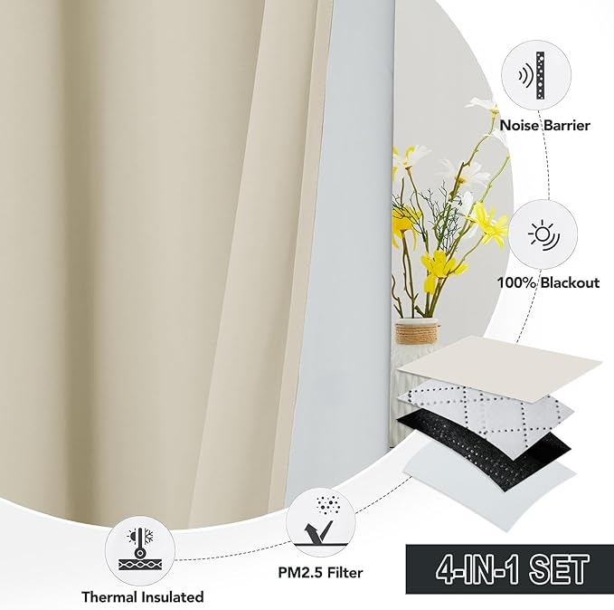 RYB HOME Soundproof & Dust Particle Filtering Curtains 100% Blackout Thermal Insulated Window Treatment Air Filter Drapes for Bedroom Living Room Kids Nursery, Burgundy Red, W52 x L72 inch, 2 Panels