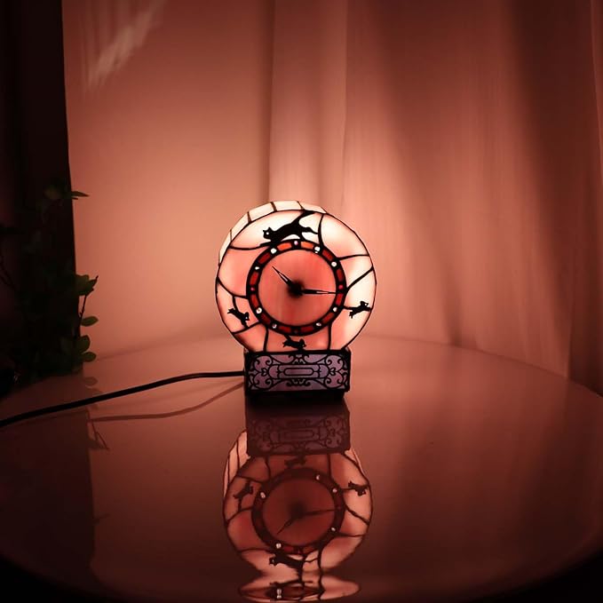 Bieye L10911 Cat and Mouse Tiffany Style Stained Glass Desk Clock Table Lamp for Home Decor (Pink)