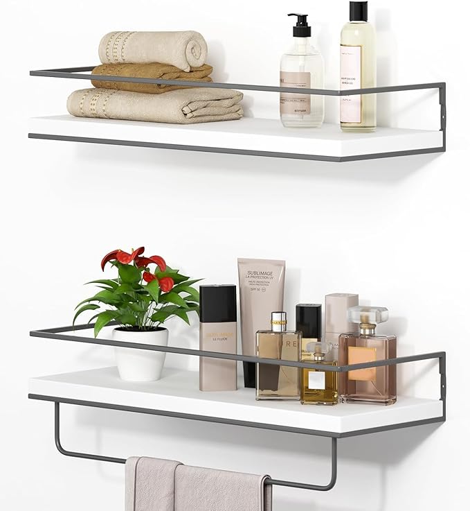 Shario White Floating Shelves - Set of 2, Wall Mounted Hanging Shelves with Grey Towel Rack, Decorative Storage Shelves for Bathroom, Kitchen, Living Room & Bedroom (White Grey, 15.7 Inches)