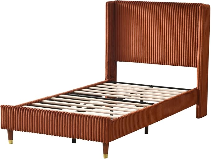 PINJU Twin Size Bed Frame, Upholstered Platform Bed with Modern Vertical Striped Wingback Headboard with Wooden Slats, Easy to Assemble No Noise Free (OCHER, Twin)