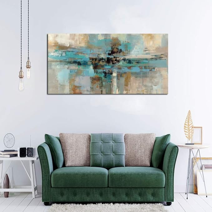 DZL Art A74762 Canvas Prints Abstract Wall Art Print Paintings Blue and Brown Stretched Canvas Wooden Framed for living Room Bedroom and Office Home Decor Artwork