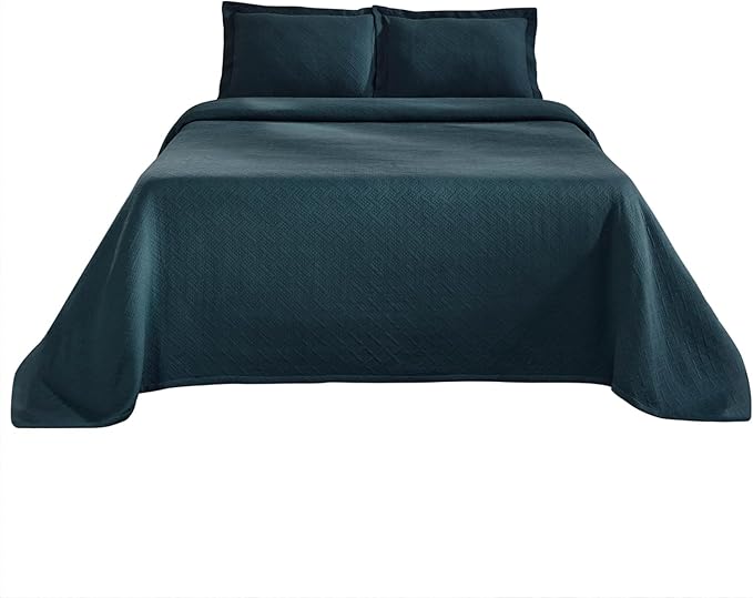 Superior 100% Cotton Basket Weave Bedspread with Shams, All-Season Premium Cotton Matelasse Jacquard Bedding, Quilted-Look Geometric Basket, King, Deep Sea