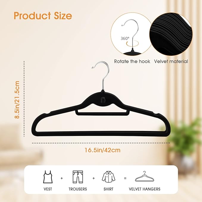 Velvet Clothing Hangers Slim Stackable Non-Slip Black Suit Hanger Space Saving Clothes Hanger Heavy Duty Adult Hangers with 360°Swivel Hook Pack of 20