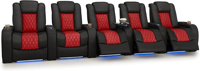 Seatcraft Diamante Zero-Gravity CoolZero Italian Leather Home Theater Seating, Power Headrest, Power Recline, Row of 5, Black/Red