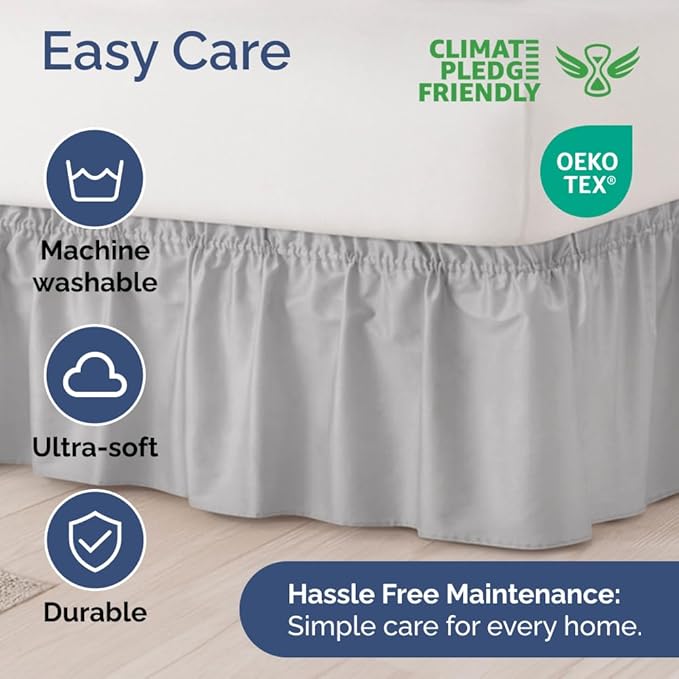 Wrap Around Dust Ruffle Bed Skirt - Light Grey - for Full Size Beds w/ 14 Inch Drop - Easy Fit Elastic Strap - Adjustable Pleated Bedskirt with Brushed Fabric, Wrinkle Free Women, Men, Kids and Teens