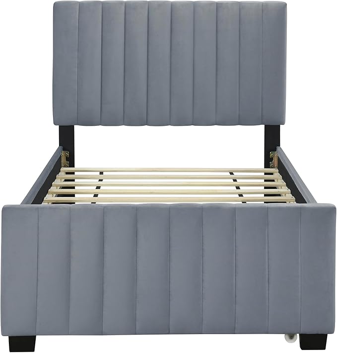 Twin Bed Frame with Trundle Bed,Velvet Upholstered Bed Frame,Twin Size Trundle Bed with Headboard,Upholstered Platform Bed Twin for Kids Teens Adults(Gray)