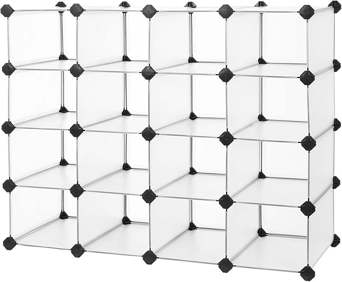 SONGMICS Shoe Rack with 16 Cubes, Interlocking Plastic Shoe Organizer, DIY Storage Cabinet for Closet Entryway Bedroom Garage, Space Saving Design, 12 x 35.1 x 27.2 Inches, Transparent ULPC445W02