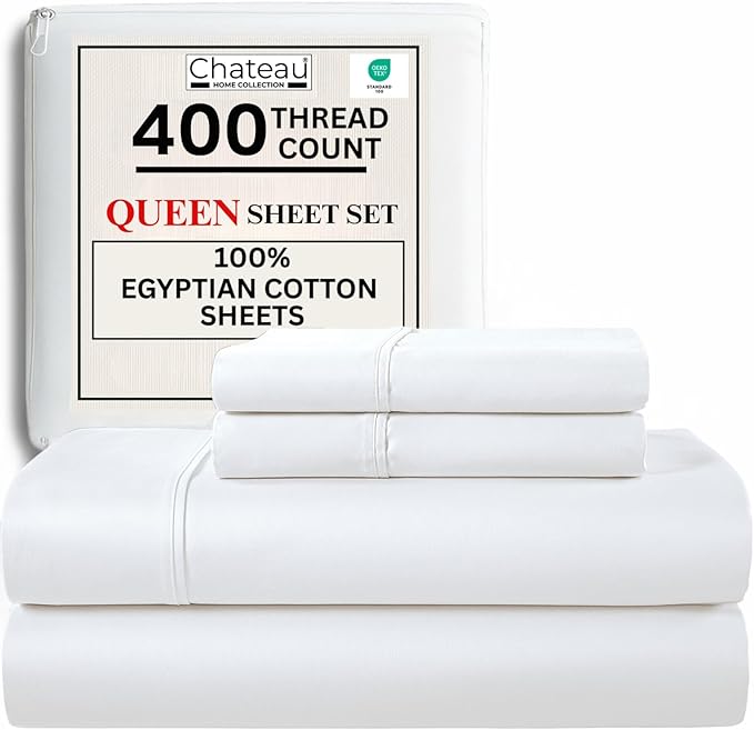 100% Egyptian Cotton Sheets Queen Size Bed Set, Deep Pocket Queen Sheet Set, 400 Thread Count Cotton Bed Sheets, Naturally Cool Soft Breathable No Pill Elasticated Luxury White Bedding For All Seasons