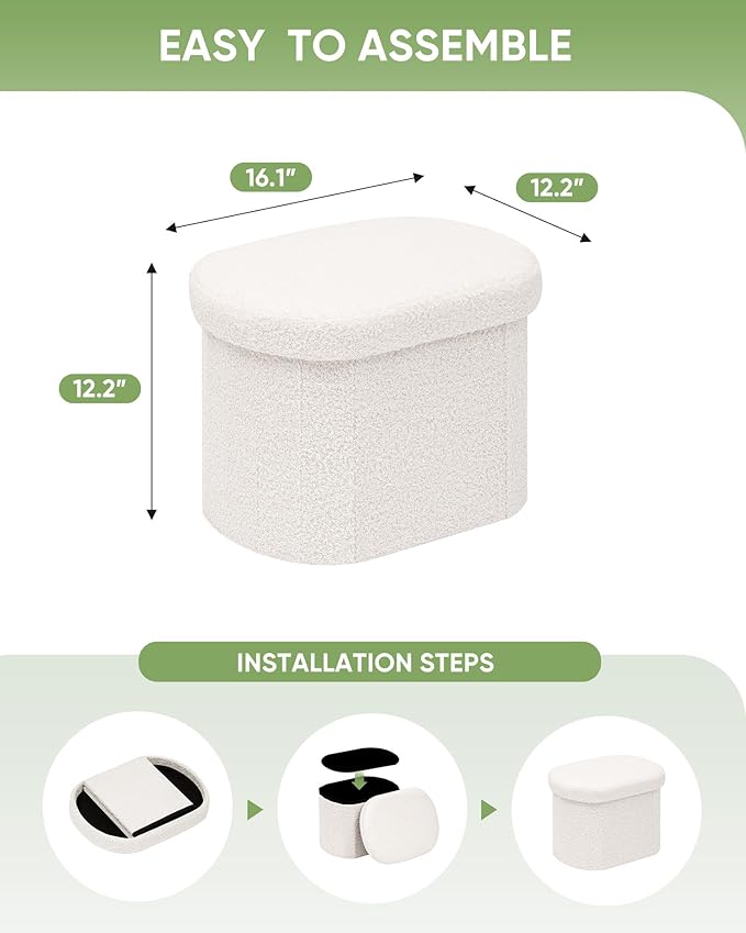 B FSOBEIIALEO Storage Ottoman for Dorm Room, Boucle Folding Storage Ottoman Foot Rest, 16.14 Inches Small Collapsible Ottoman Cube for Living Room White