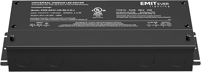 EMITEVER Dimmable Led Driver, 150W AC 110V-277V to DC 24V Transformer, 5-in-1 Dimming: ELV/MLV/TRIAC / 0-10V / 1-10V / 10V PWM/Potentiometer, Waterproof IP67 and UL Listed