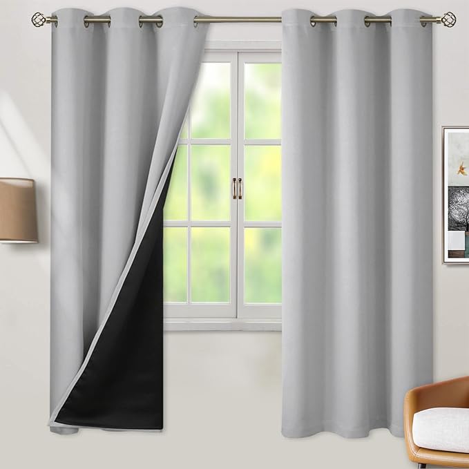 BGment Thermal Insulated 100% Blackout Curtains for Bedroom with Black Liner, Double Layer Full Room Darkening Noise Reducing Grommet Curtain (42 x 72 Inch, Light Grey, 2 Panels)