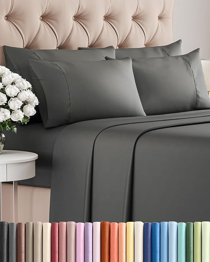 King 6 Piece Sheet Set - Cooling, Comfy & Breathable - Hotel Luxury Bedding, Includes Fitted Sheet for Women, Men, Kids and Teens - 1 Flat, 1 Fitted Sheet, 4 Pillowcases with Deep Pockets - Charcoal