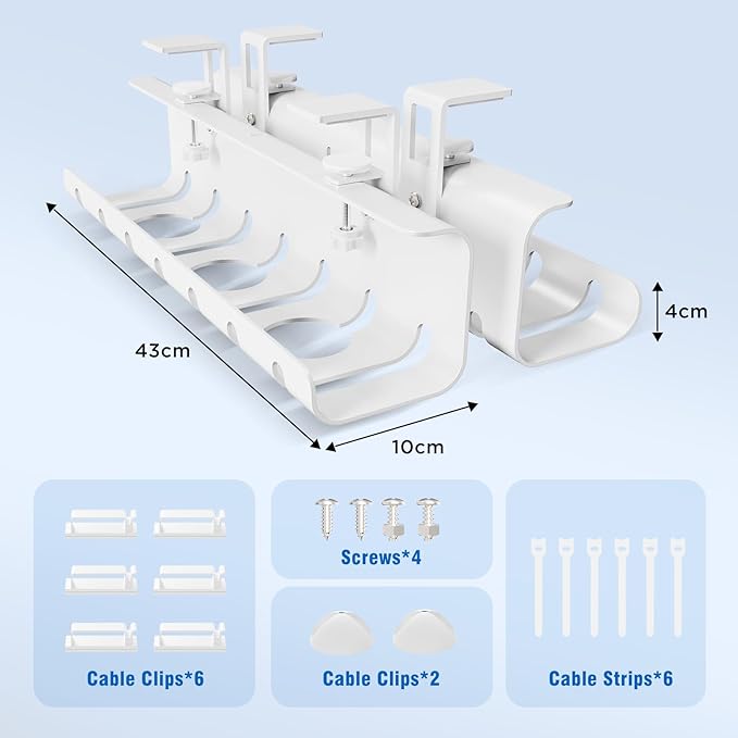 Under Desk Cable Management Tray No-Drill 2 Pack 16.9‘’ Wire Cord Organizers, Cable Management Under Desk for Home and Office No Damage White