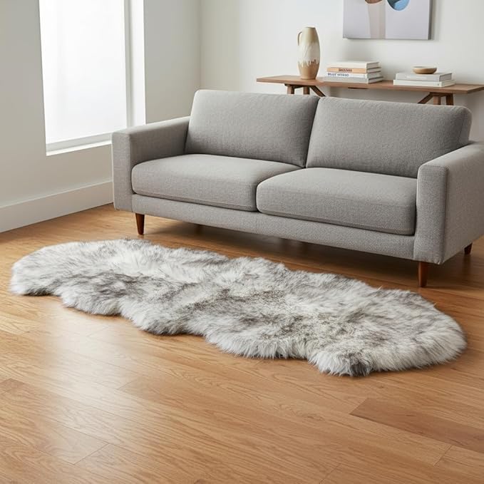 Premium Genuine Sheepskin Rug 2' x 6' Long Fur Soft & Natural Bedside Area Rug, Wolf Tip Brown, Double Pelt