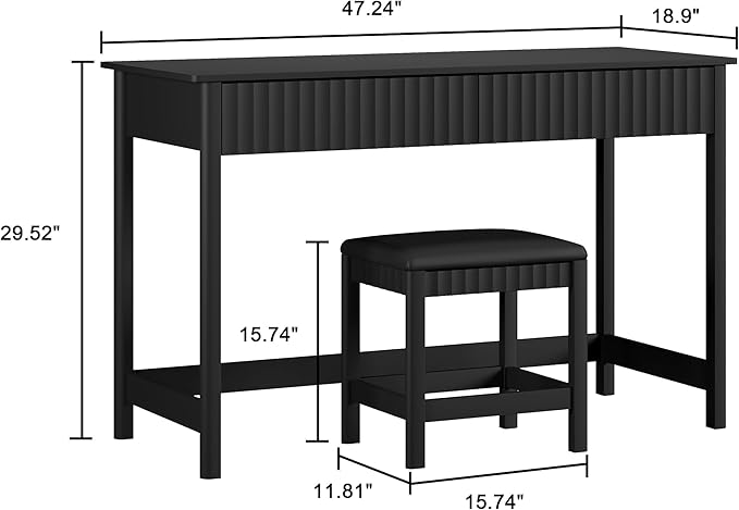 ChooChoo 47.2 Inch Modern Desk with Drawers, Makeup Vanity Desk with Padded Stool, Writing Computer Desk for Home Office & Bedroom, Black