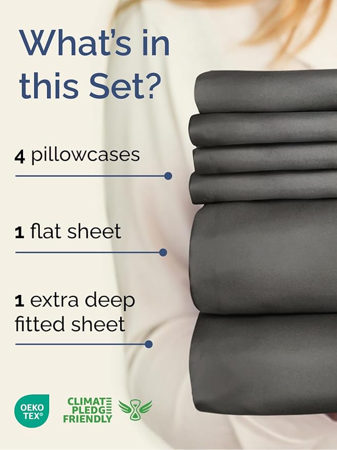 Extra Deep Cal King Sheet Set - 6 Piece Breathable and Cooling Sheets - Hotel Luxury Bed Sheets Set - Easy Fit - Soft, Wrinkle Free and Comfy Sheets Set - Charcoal Sheet Set with Extra Deep Pockets