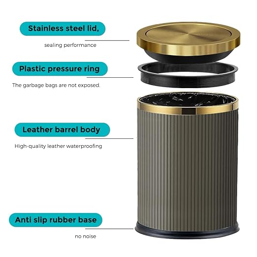 4 Gallon / 15L Trash Can Bathroom with Swing Lid, Grey Gold Garbage Can, Leather Modern, Large Office Waste Basket, for Bedroom, Kitchen, Powder Room, Hotel, Business(15L Grey)