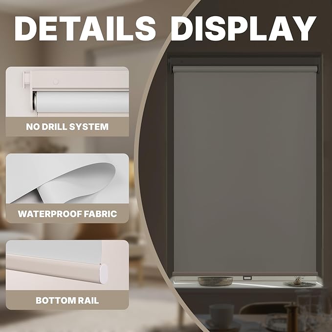 HESTIA No Drill Cordless Blackout Roller Shades Screwless Waterproof Shower Window Blinds, Auto-Retraction Easy Install Blind for Bathroom/Kitchen/Office/Exterior, White, 46" W x 72" H