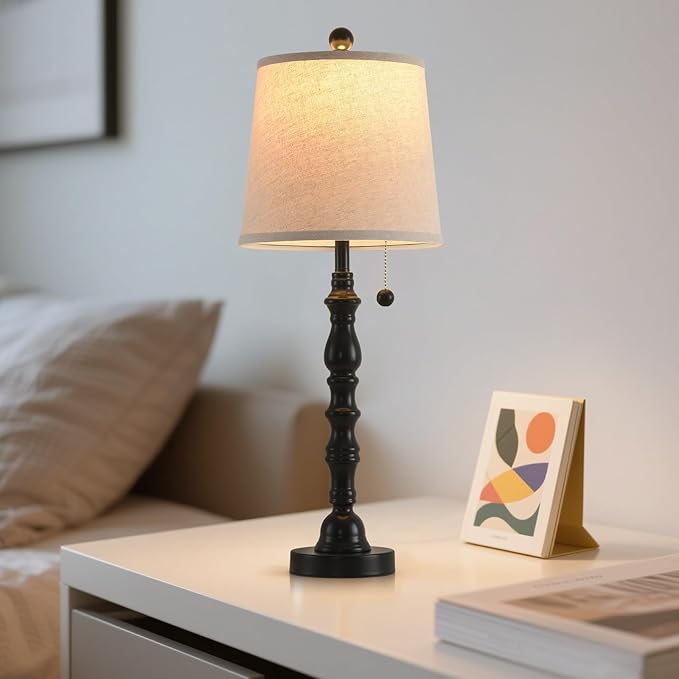 Terpsichore Lamps for Living Room Modern Farmhouse Table Lamp Bedside Reading Lamps Night Stands Bedroom Night Lamp,with Fabric Lamp Shade (Black (Single Pack), High 26.25 in)