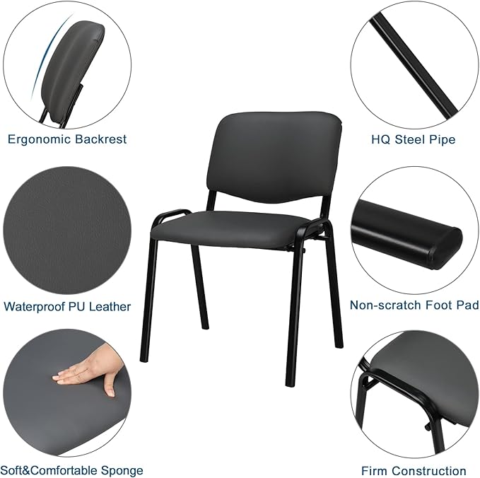 VINGLI Grey Waiting Room Chairs - 10-Pack PU Stackable Chairs Set for Conference Rooms, Offices & Lobbies, Simple & Space-Saving